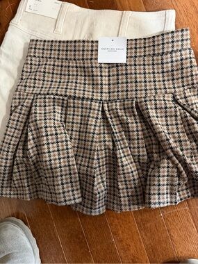 American Eagle Outfitters Brown and Black Plaid Pleated Mini Skirt